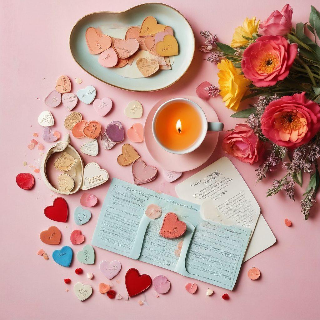 A creative flat lay featuring heart-shaped tokens, coupons, and vintage love letters scattered on a soft pastel surface, symbolizing affordable romance. Incorporate elements of a cozy candle, fresh flowers, and a cup of tea, to evoke warmth and intimacy. The lighting should be warm and inviting, enhancing the theme of love and budget-friendly offers. vibrant colors. soft focus.