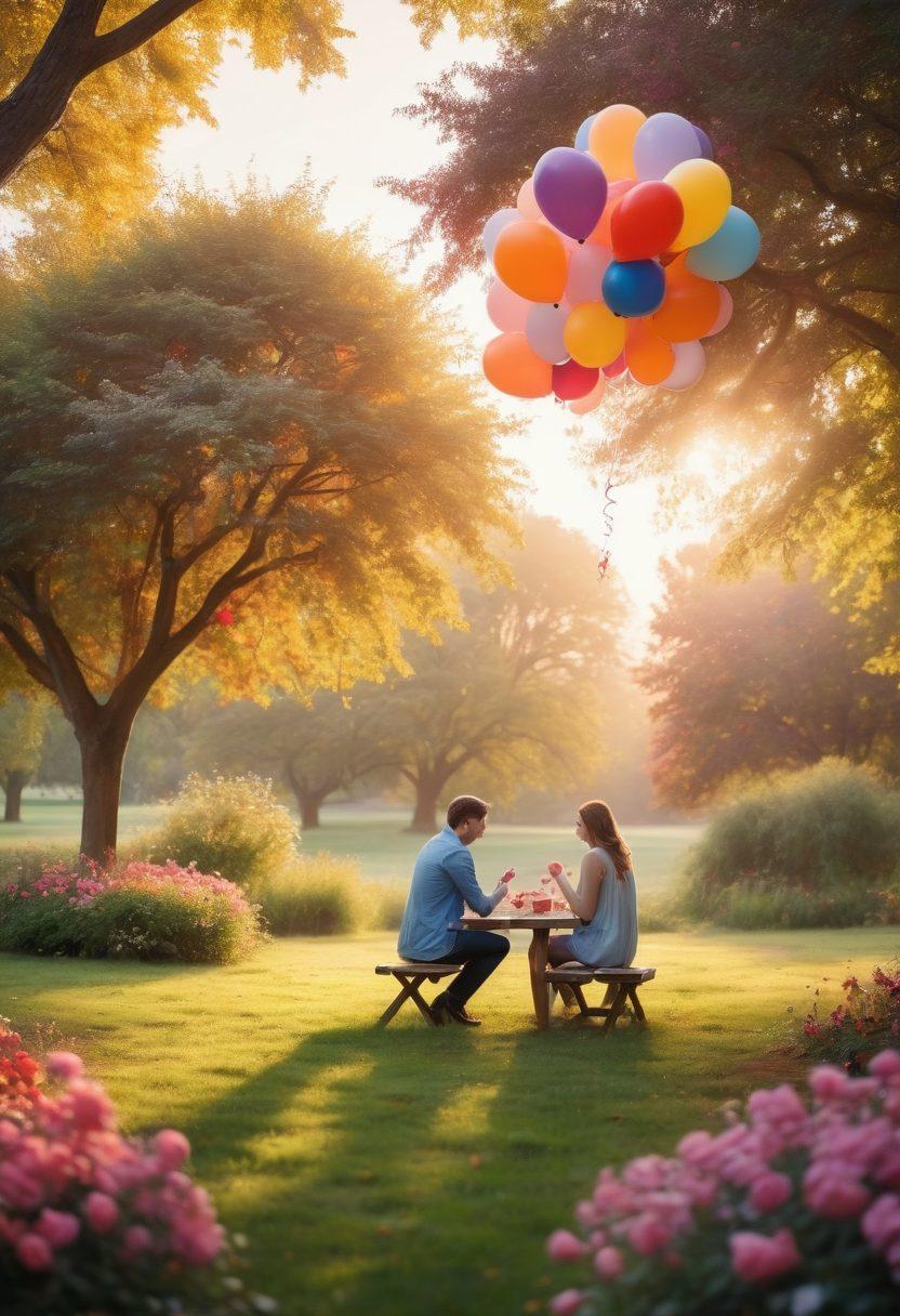 A whimsical scene of a couple sharing a romantic picnic in a park, surrounded by heart-shaped balloons, discount tags hanging from trees, and a soft sunset in the background. Include a picnic basket overflowing with delicious treats and a small sign reading 'Love on a Budget'. The couple looks joyful and relaxed, enjoying their time together with colorful flowers scattered around. vibrant colors. illustration style.