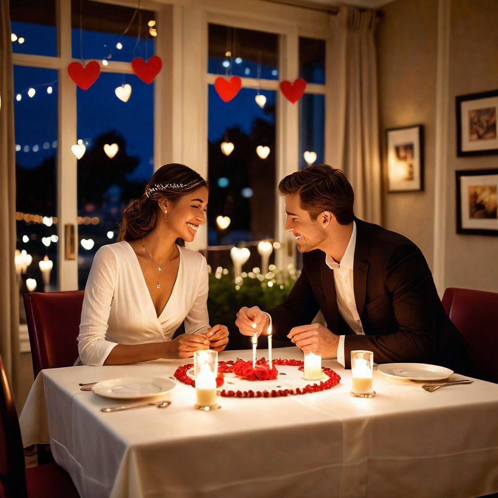 A romantic scene featuring a cozy dining setup with dim lights, heart-shaped decorations, and elegant tableware, surrounded by soft candles illuminating a couple smiling and sharing a dessert. In the background, a visually engaging display of discount tags and love letters hints at affordable romance options. The atmosphere is warm and inviting, enticing couples to cherish their moments together. super-realistic. warm colors. soft lighting.